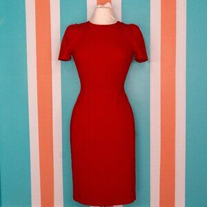 Calvin Klein Fitted Bodycon Tailored Red Dress w/ Puff Sleeves